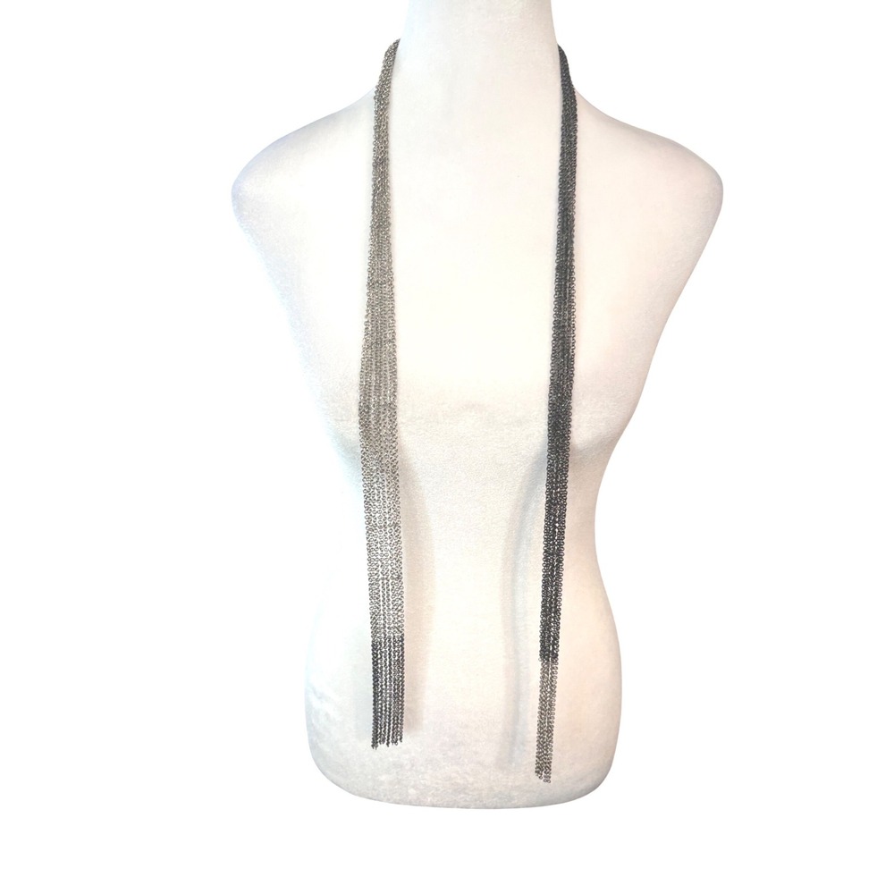 Two‎ Tone Multi Strand Chain Lariat Necklace Gunmetal Silver Tone Long Wrap